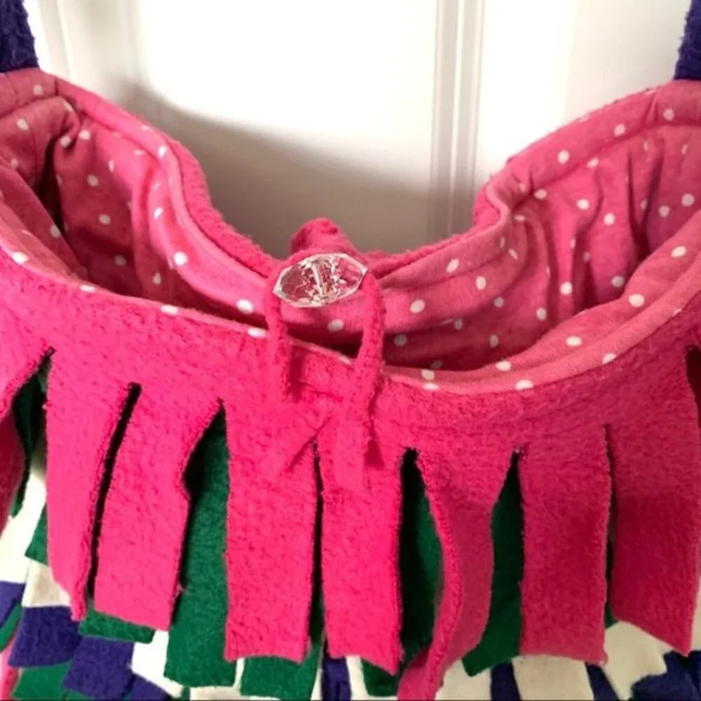 Handmade Fleece Fringe Shoulder Tote Bag Pink White Green